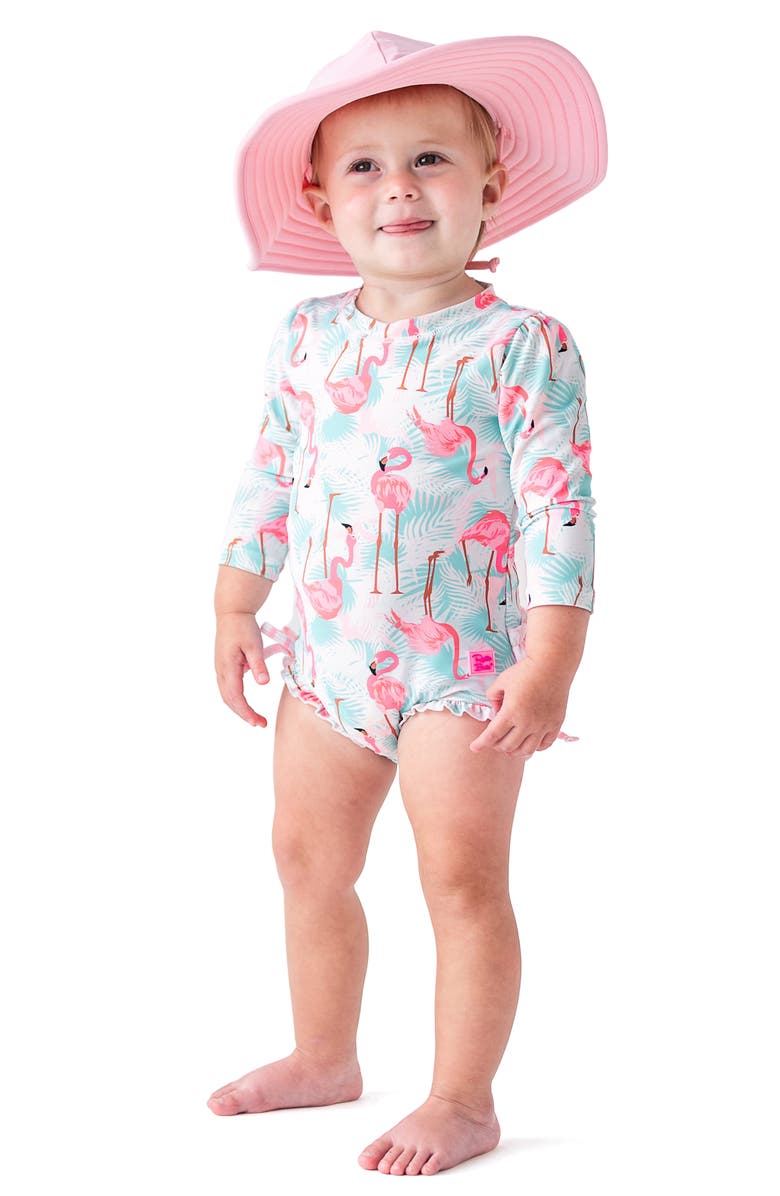RuffleButts Vibrant Flamingo One-Piece Rashguard Swimsuit & Hat Set, Alternate, color,