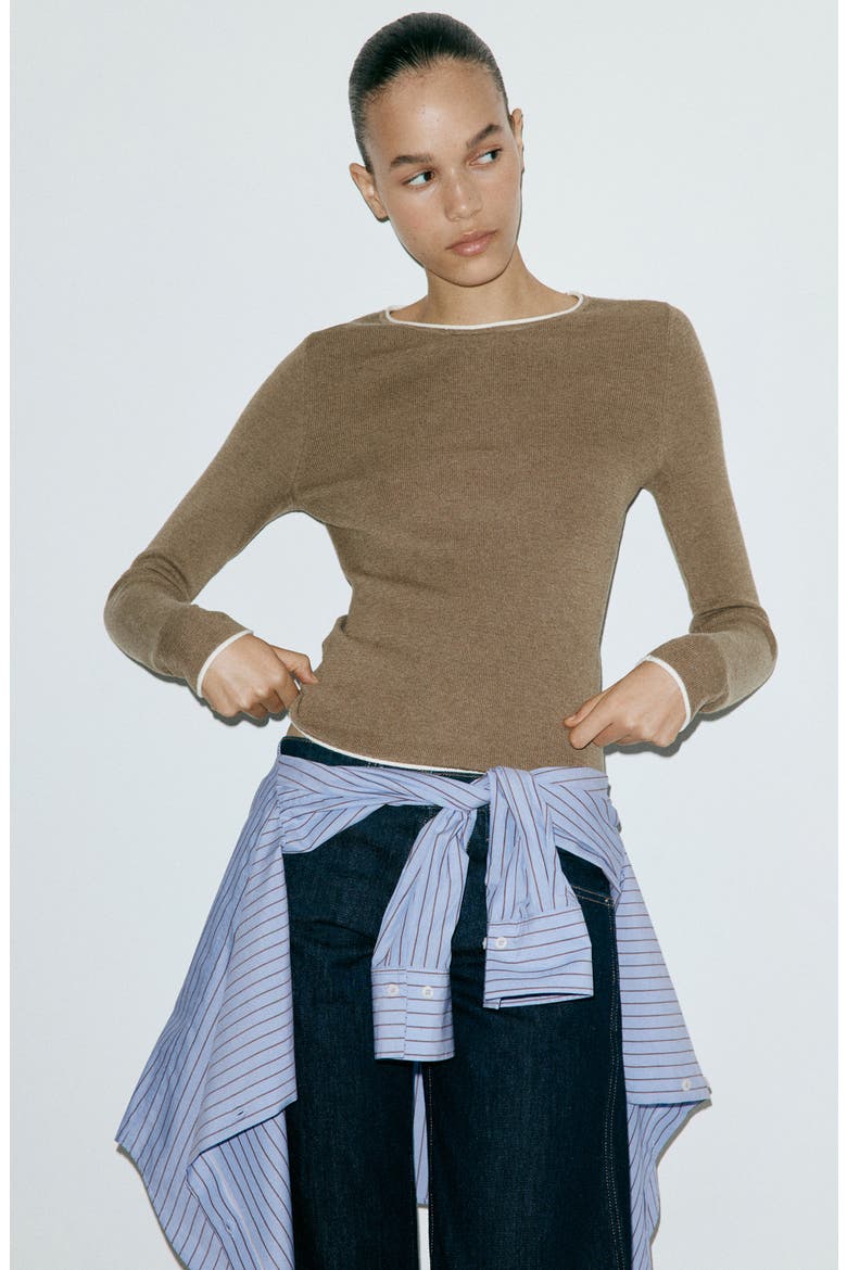Contrast Trim Crewneck Sweater, Alternate, color, MEDIUM BROWN