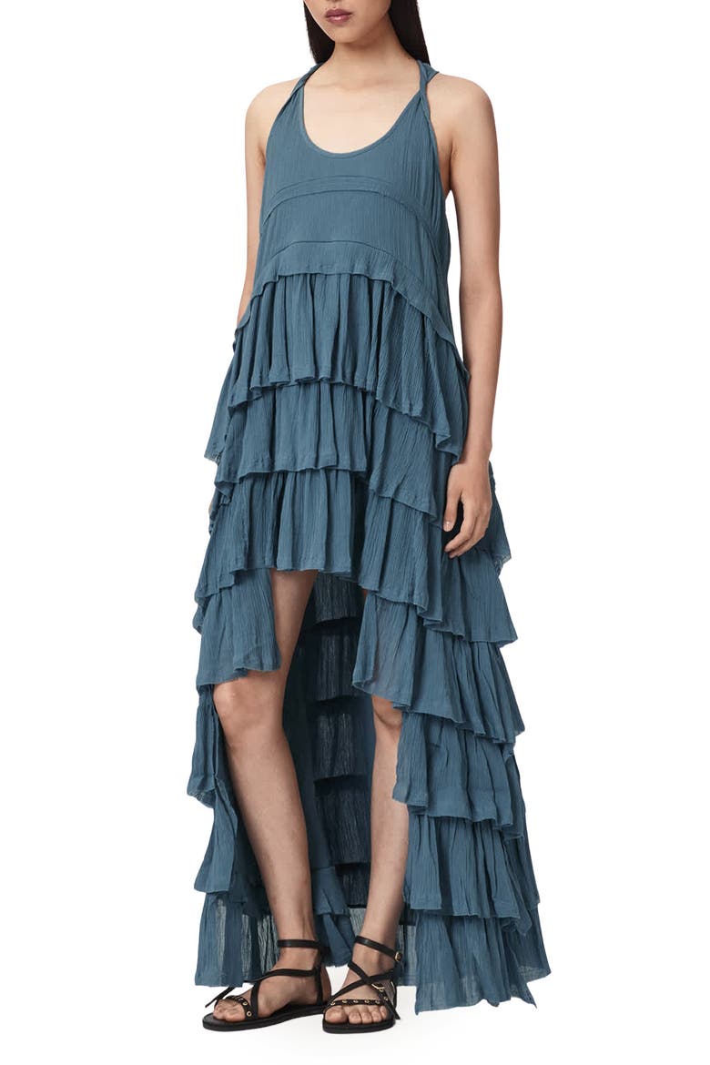 Cavarly High Low Ruffled Cotton Crepe Dress, Main, color, CAPTAIN BLUE