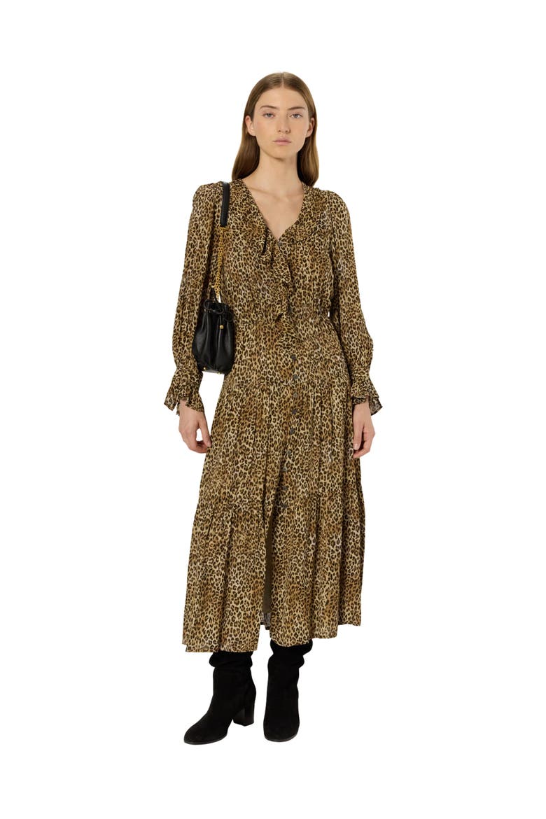 Lyza Ruffled V-Neck Midi Dress, Alternate, color, Brown