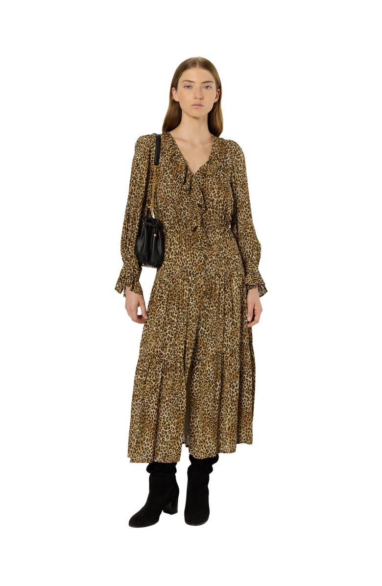 GERARD DAREL Lyza Ruffled V-Neck Midi Dress, Alternate, color, Brown