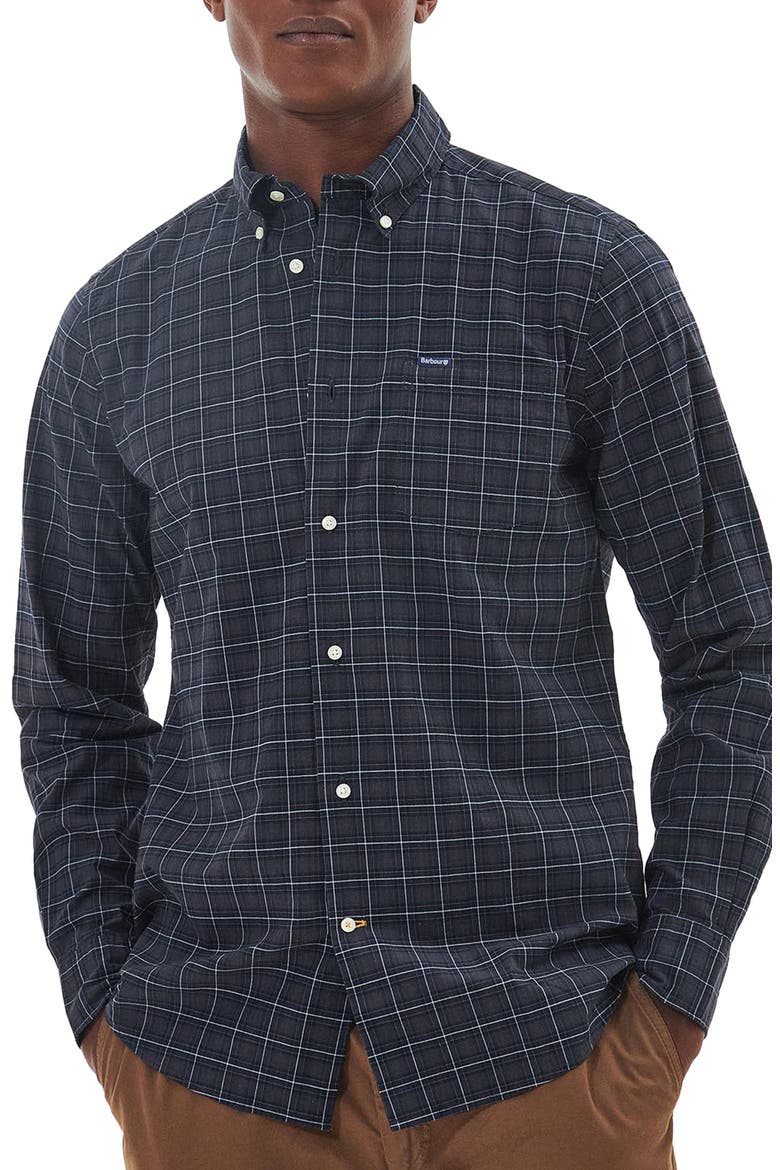 Lomond Tailored Fit Plaid Stretch Cotton Button-Down Shirt, Main, color, BLACK SLATE