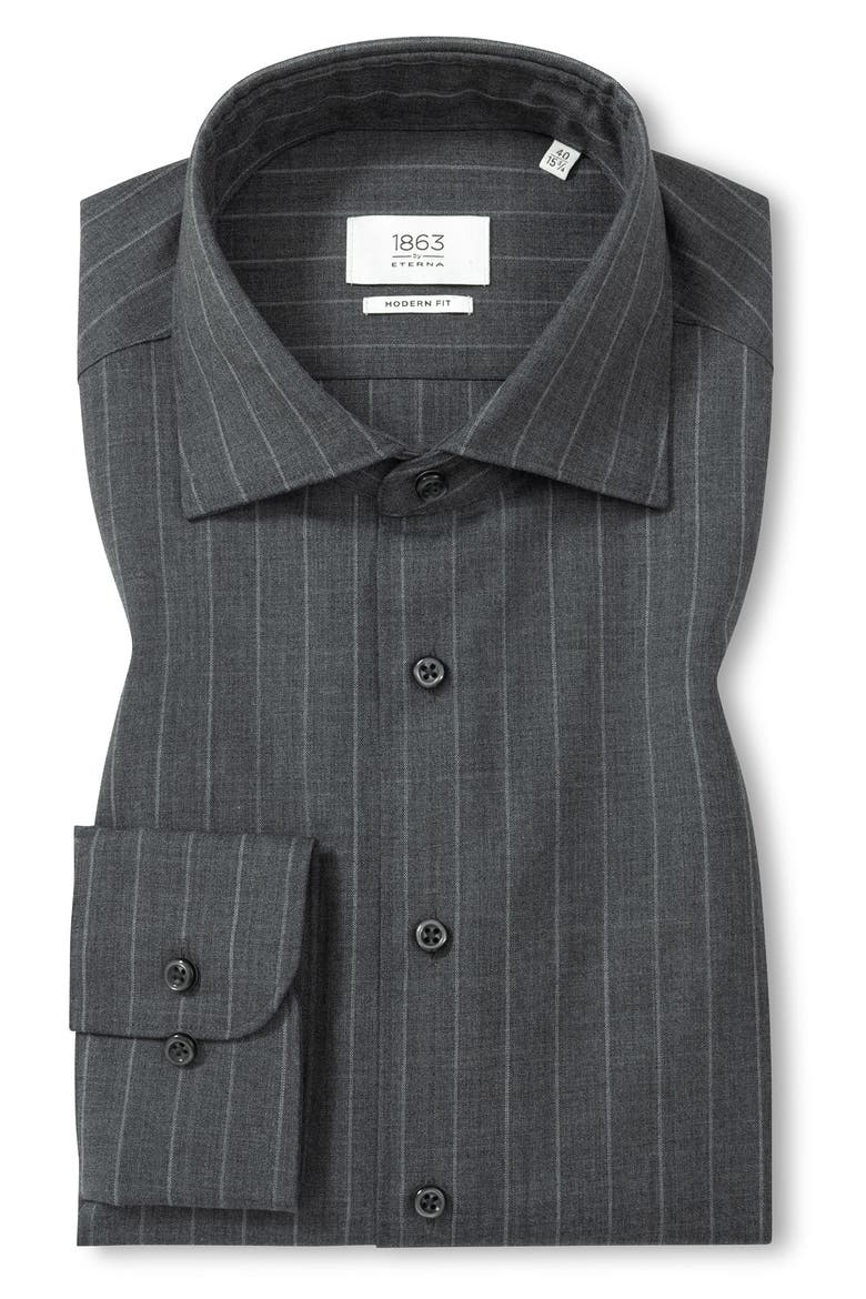 Modern Fit Fine Merino Wool Chalk Stripe Button Front Shirt, Alternate, color, GREY