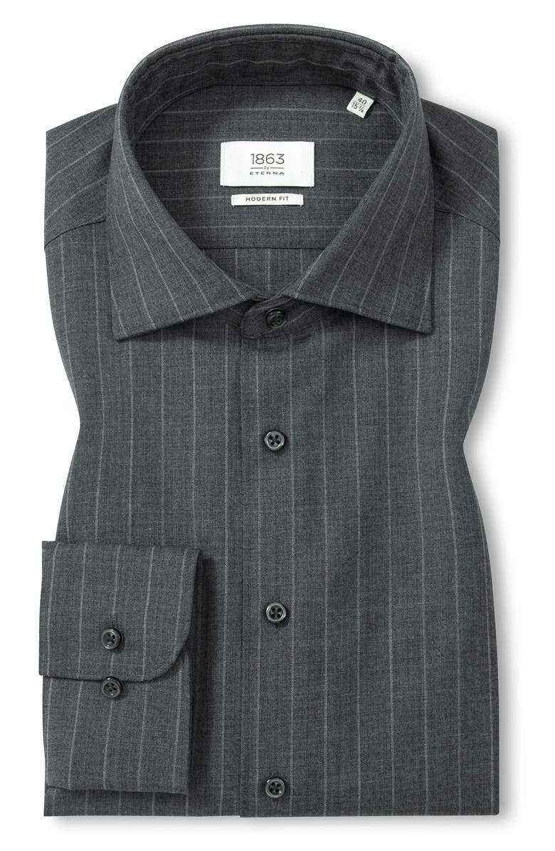 Eterna Modern Fit Fine Merino Wool Chalk Stripe Button Front Shirt, Main, color, Grey
