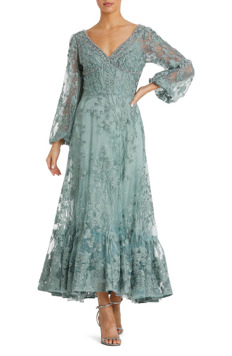 Mac Duggal V Neck Mech Puff Sleeve A Line Embellished Dress, Main, color, Seafoam