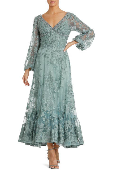 Mac Duggal V Neck Mech Puff Sleeve A Line Embellished Dress