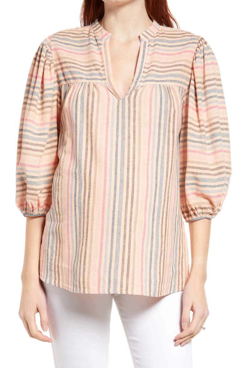 Maternal American Stripe Puff Sleeve Maternity Blouse, Main, color, PEACH/ NAVY STRIPE