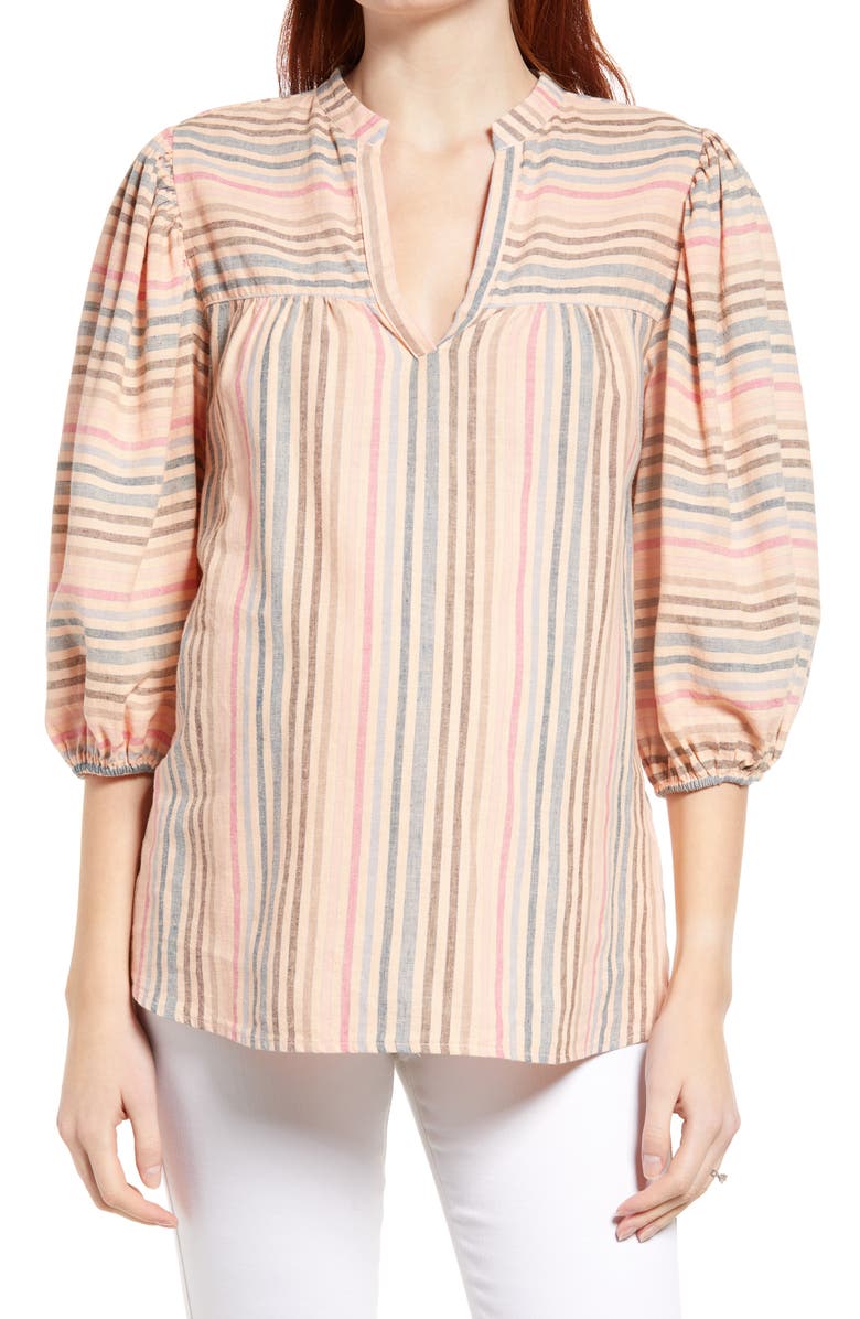 Maternal America n Stripe Puff Sleeve Maternity Blouse, Main, color, Peach/ Navy Stripe