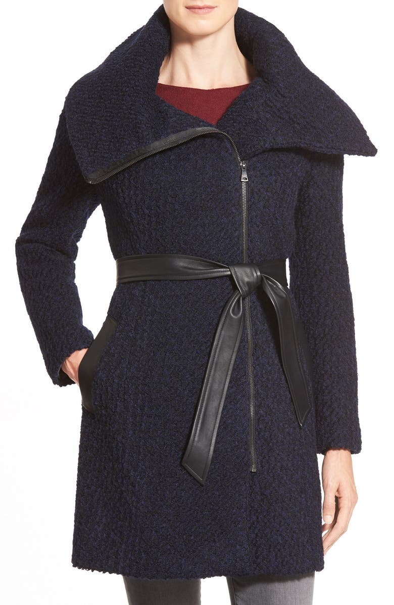 Cole Haan Signature Belted Asymmetrical Bouclé Wool Blend Coat, Main, color,