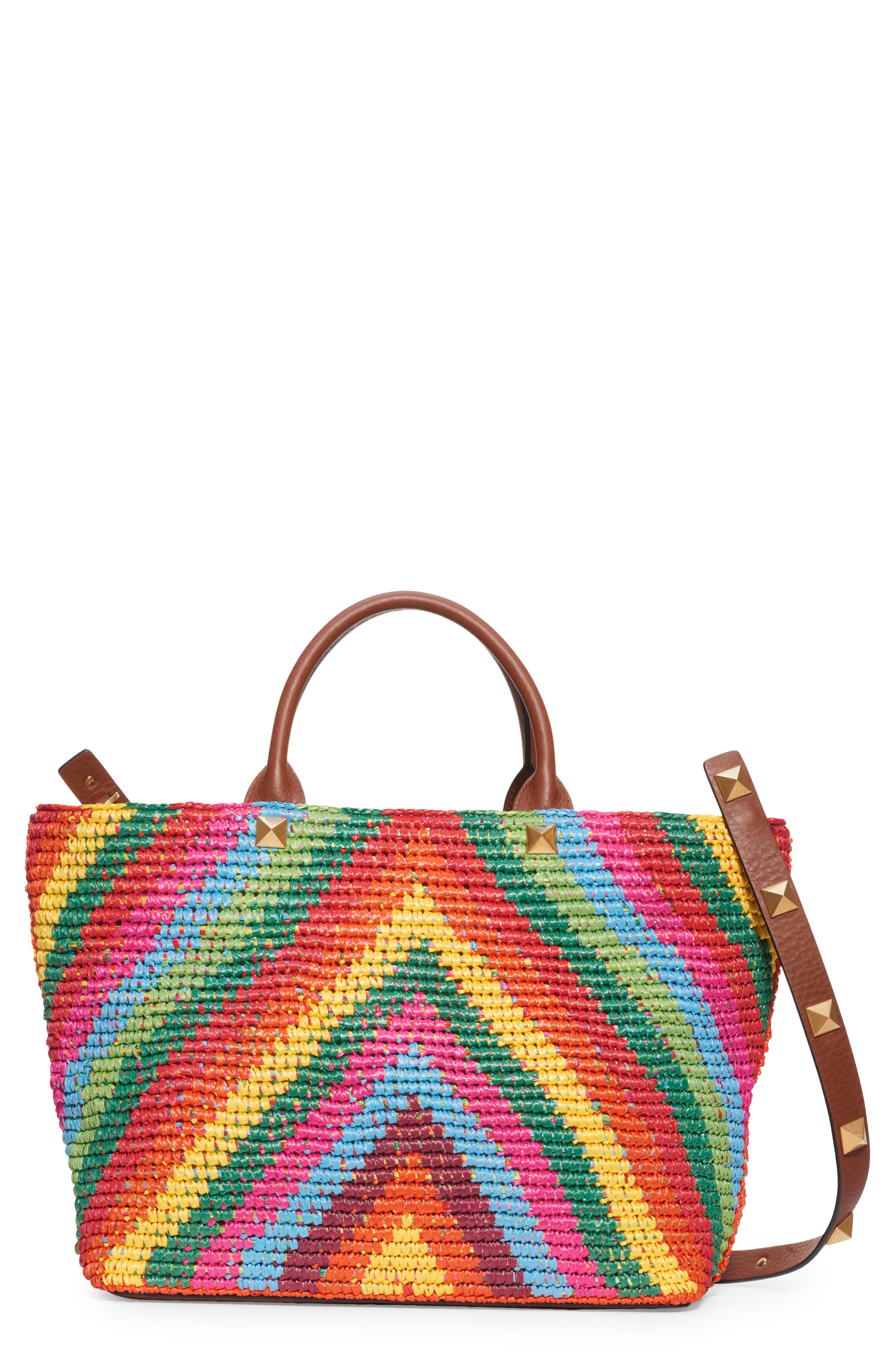 Valentino Garavani Roman Stud Rainbow Raffia Tote, Main, color, 