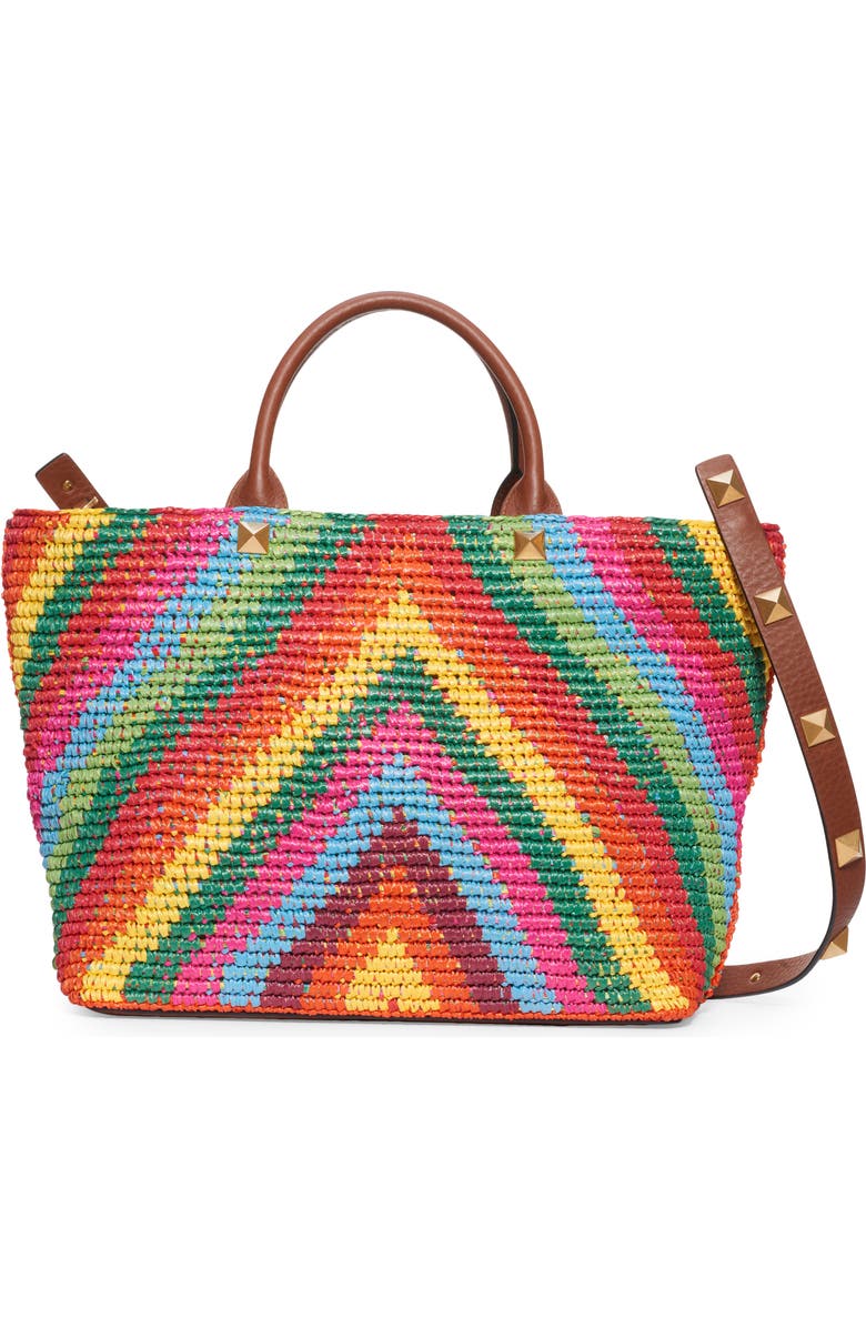 Valentino Garavani Roman Stud Rainbow Raffia Tote, Main, color,