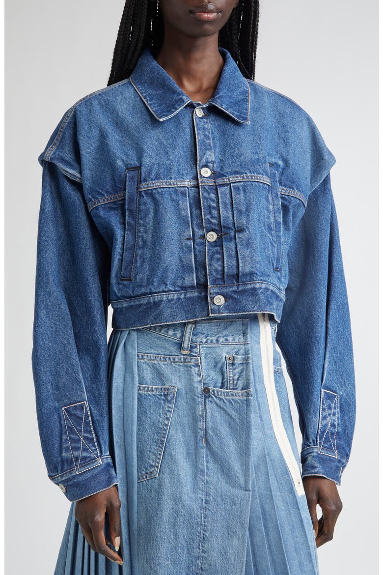 Power Shoulder Denim Crop Jacket, Alternate, color, INDIGO