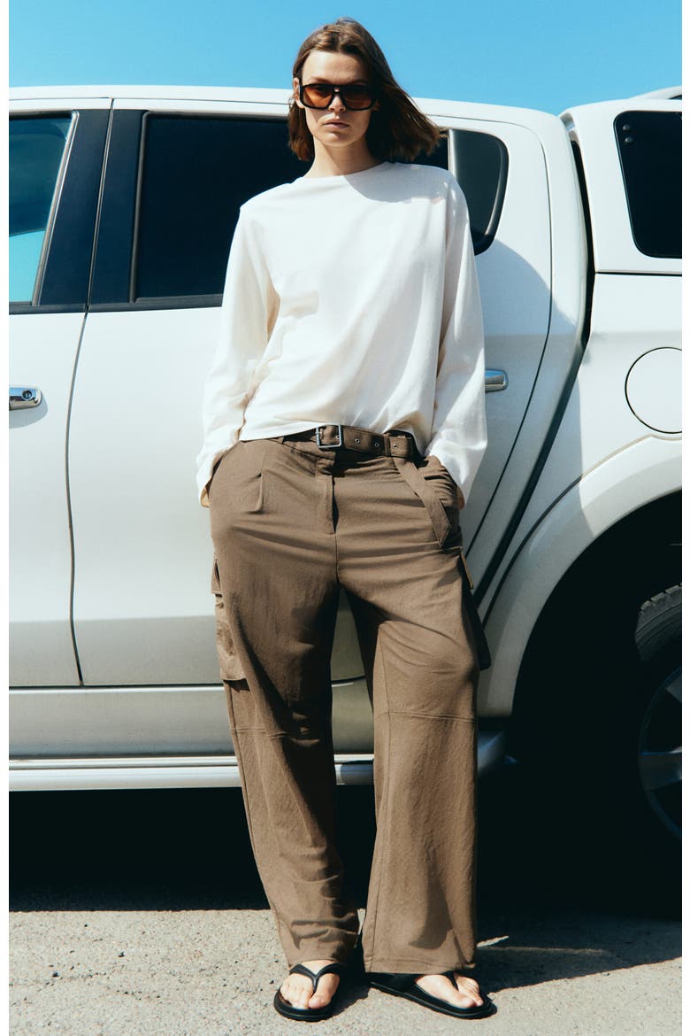 Belted Cargo Trousers, Alternate, color, Brown