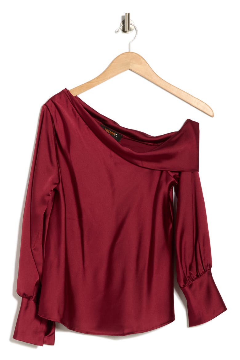Asymmetrical Drop Shoulder Satin Top, Alternate, color, BURGUNDY