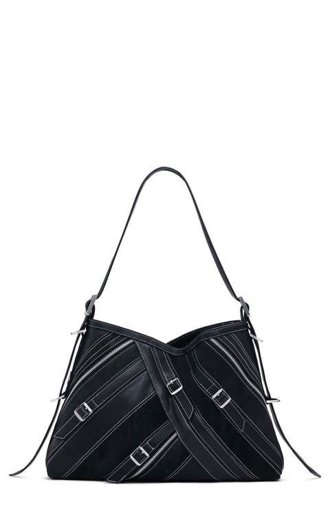 Belted Zip Faux Leather Shoulder Bag