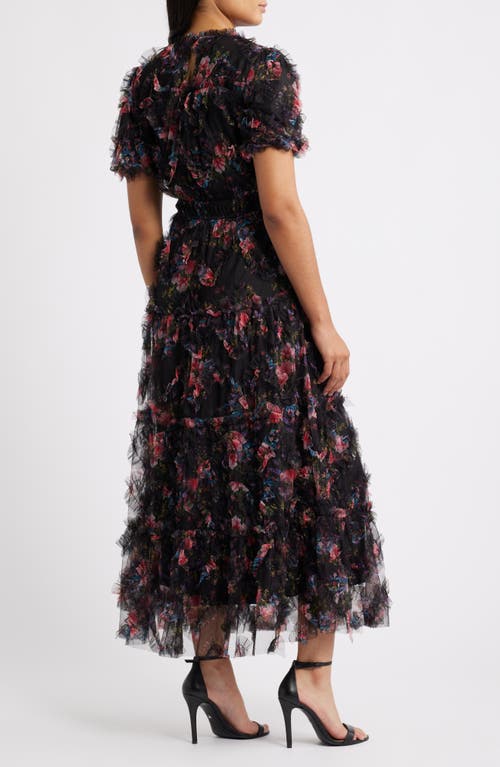 Zoe And Claire Floral Print Ruffle Mesh Maxi Dress In Black