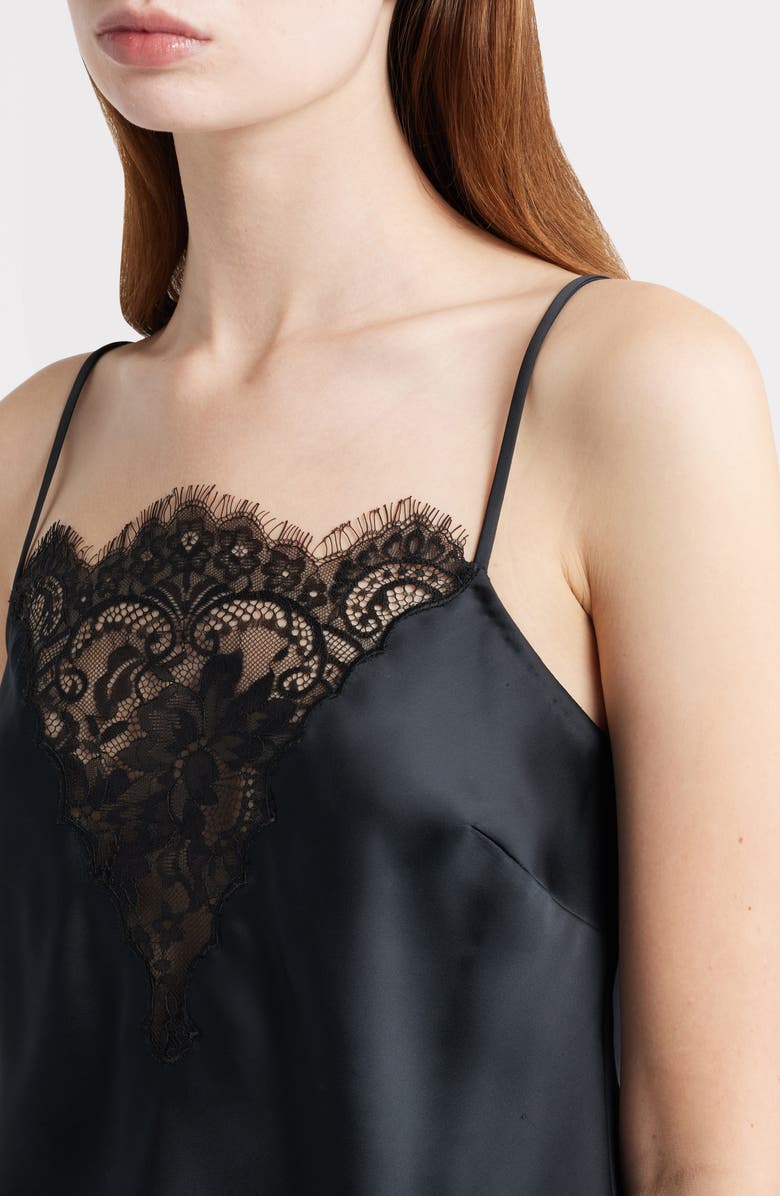 LoveShackFancy Constantina Lace Trim Satin Camisole, Alternate, color, Black