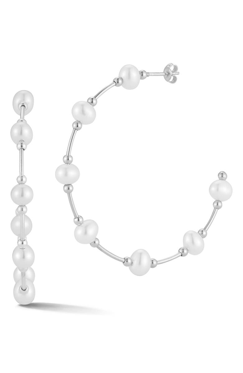 SPHERA MILANO Cultured Pearl Hoop Earrings, Main, color, Silver