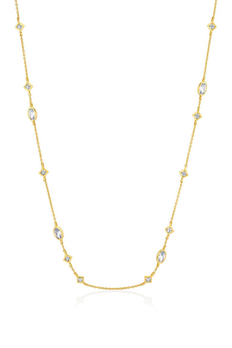Princess & Oval Cubic Zirconia Station Chain Necklace, Main, color, 18KT YELLOW GOLD / CLEAR STONE