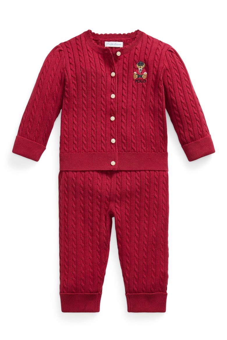 Kids' Polo Bear Cotton Sweater & Pants Set, Main, color, EATON RED