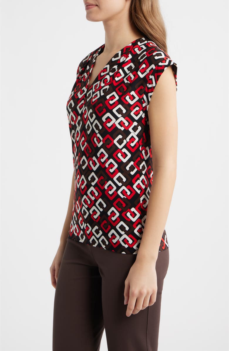 Anne Klein Pleated V-Neck Top, Alternate, color, Begonia Red Multi