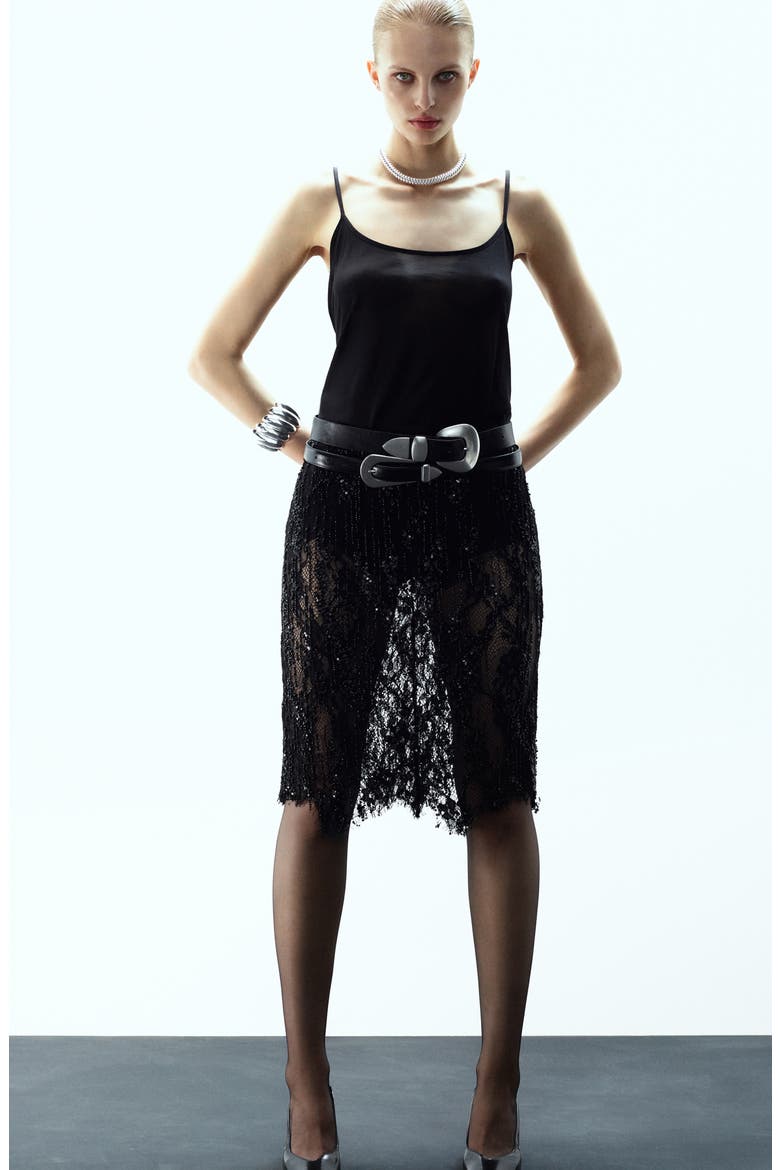 x Kaia Gerber Beaded Lace Skirt, Alternate, color, BLACK