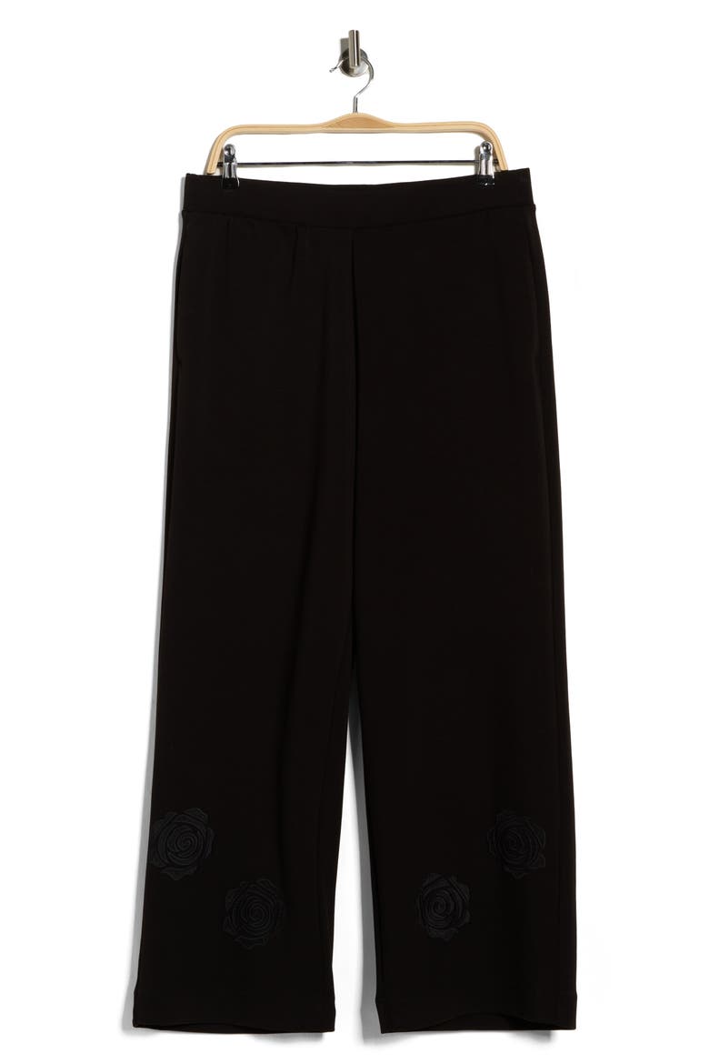 Rose Embroidered Scuba Pants, Alternate, color, BLACK