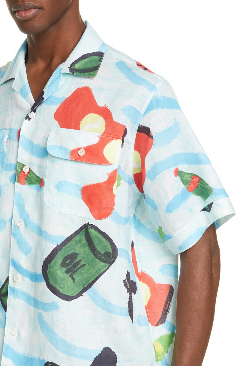 Marni Waste Sea Print Short Sleeve Ramie Button-Up Shirt, Alternate, color, 