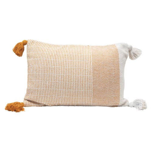 Storied Home Creative Co-op Woven Recycled Cotton Blend Lumbar Pillow With Tassels, Yellow And Cream In Neutral