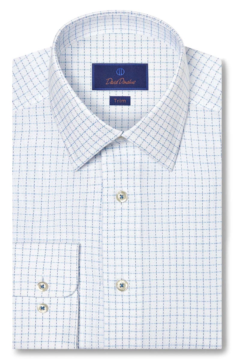 David Donahue Trim Fit Dobby Check Cotton Dress Shirt, Main, color, White/ Blue