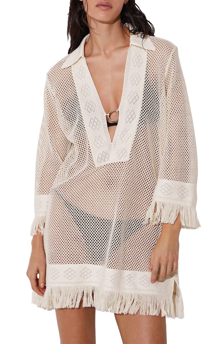 Reiss Fabrienne Fringe Long Sleeve Sheer Cover-Up Tunic, Main, color, Ivory