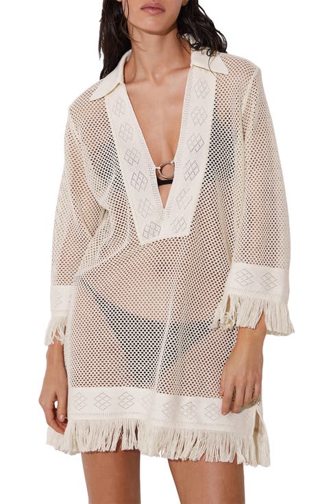 Fabrienne Fringe Long Sleeve Sheer Cover-Up Tunic