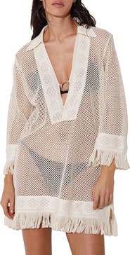 Reiss Fabrienne Fringe Long Sleeve Sheer Cover-Up Tunic