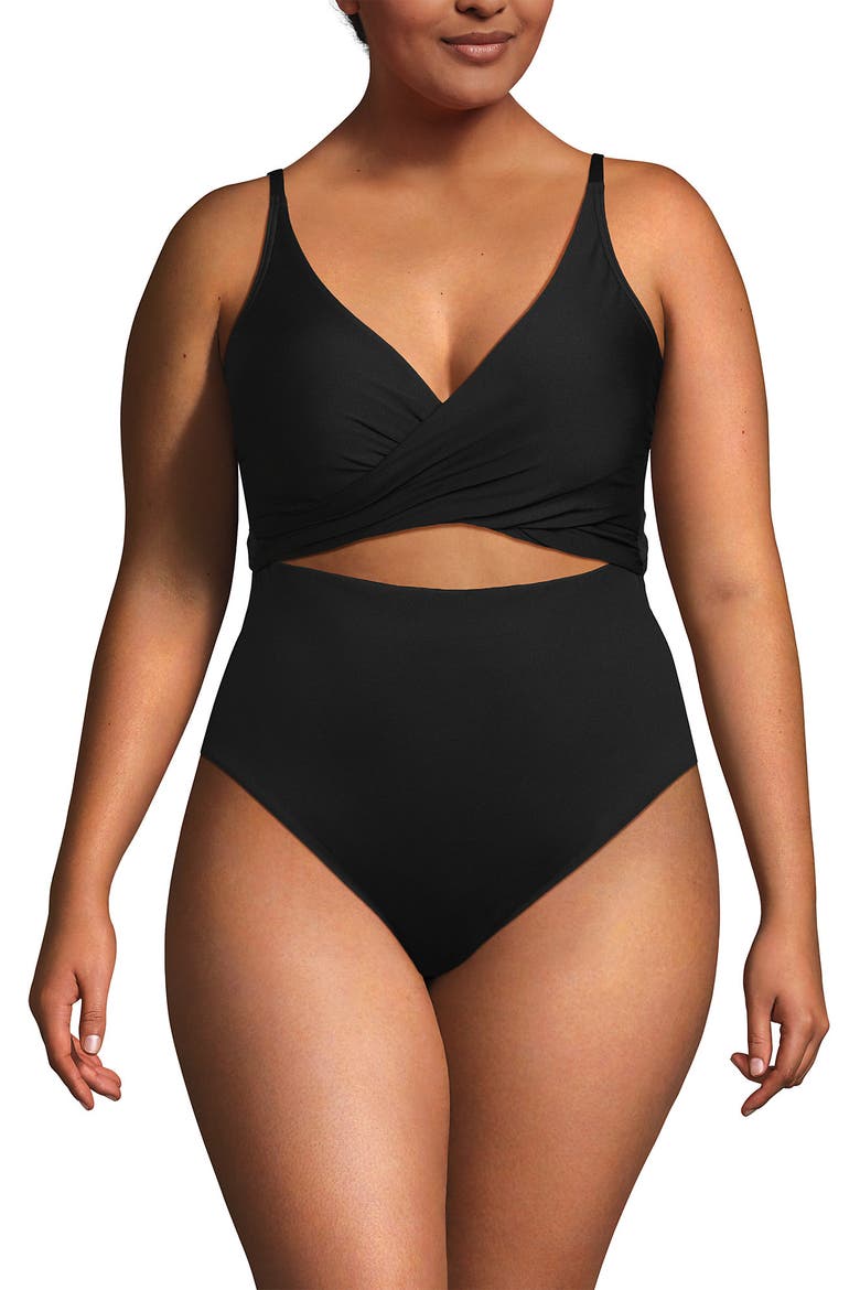 Plus Size Wrap Monokini High Leg One Piece Swimsuit, Alternate, color, Black