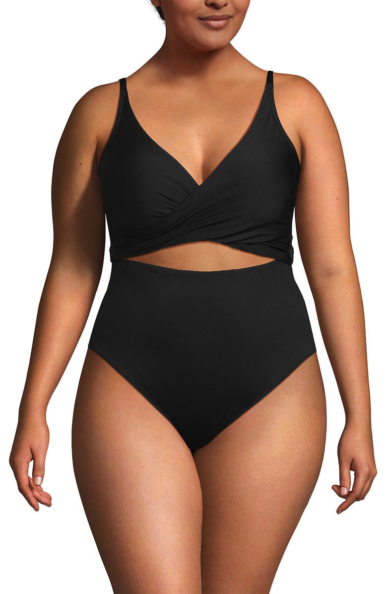 Lands' End Wrap Monokini High Leg One Piece Swimsuit, Alternate, color, Black