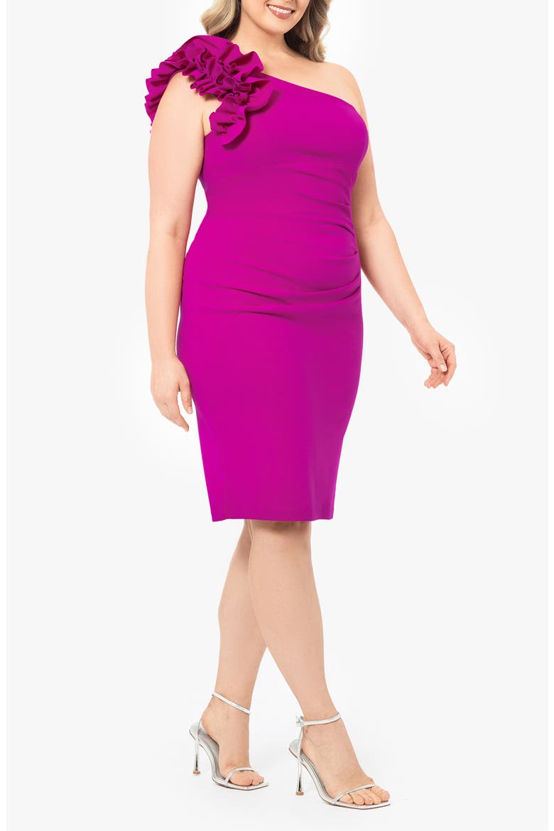 Ruffle One-Shoulder Scuba Crepe Cocktail Dress, Alternate, color, NEW FUCHSIA