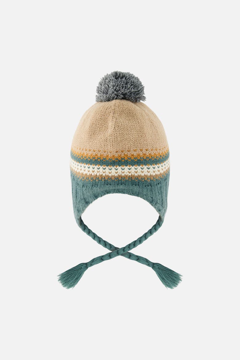 Winter Chevron Jacquard Earflap Peruvian Knit Hat with Pompom, Alternate, color, Beige and Green Jacquard