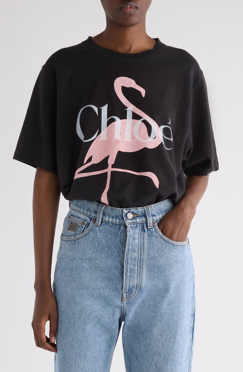 Chloé Flamingo Organic Cotton Graphic T-Shirt, Main, color, Ash Black