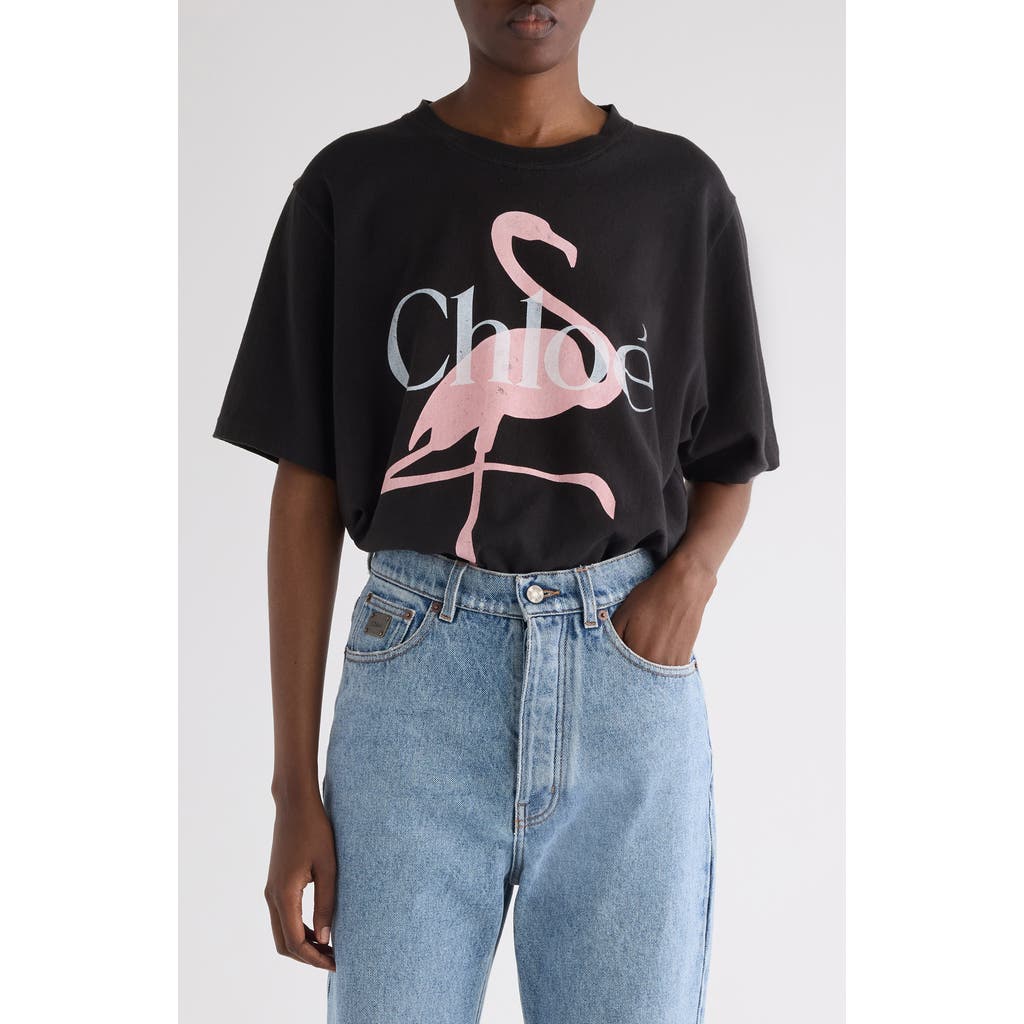 Chloé Flamingo Organic Cotton Graphic T-shirt In Black