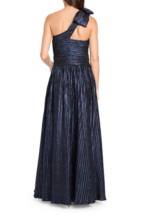 Tahari Asl One-shoulder Crinkle Evening Gown In Blue