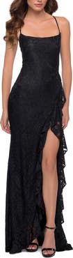 La Femme Stretch Lace Dress with Ruffle Skirt Detail and Slit