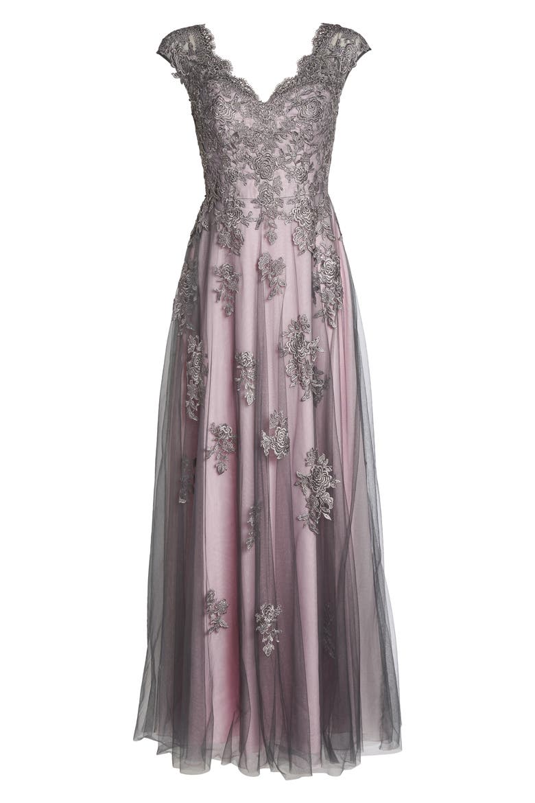 Embellished Mesh A-Line Gown, Alternate, color, PINK/ GRAY