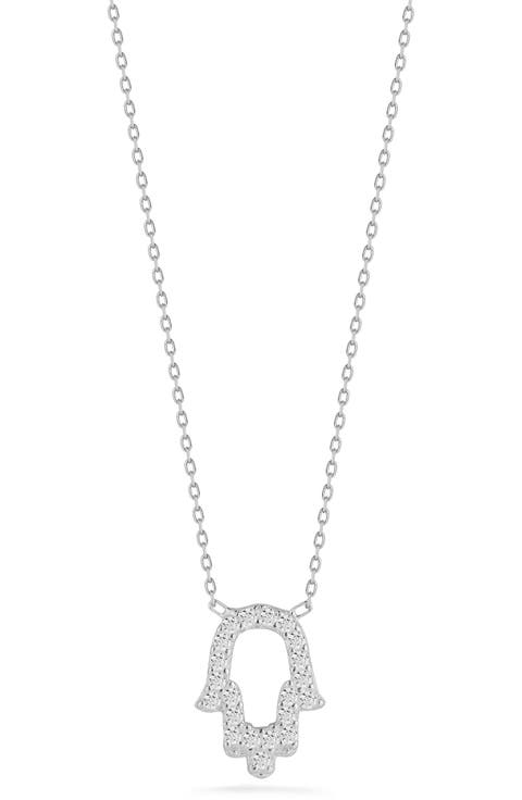 Pavé Cubic Zirconia Open Hamsa Pendant Necklace