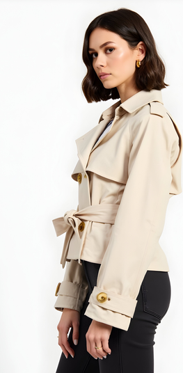 Cropped Double-Breasted Trench Jacket with Waist Tie
