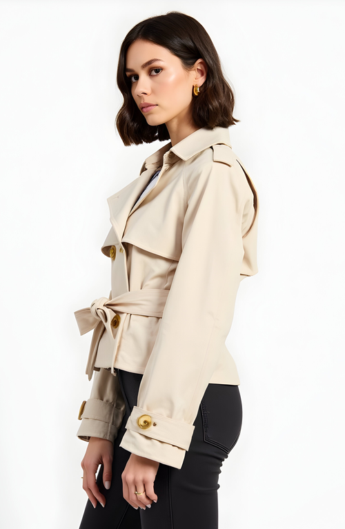 Modenaire Cropped Double-breasted Trench Jacket With Waist Tie In Neutral