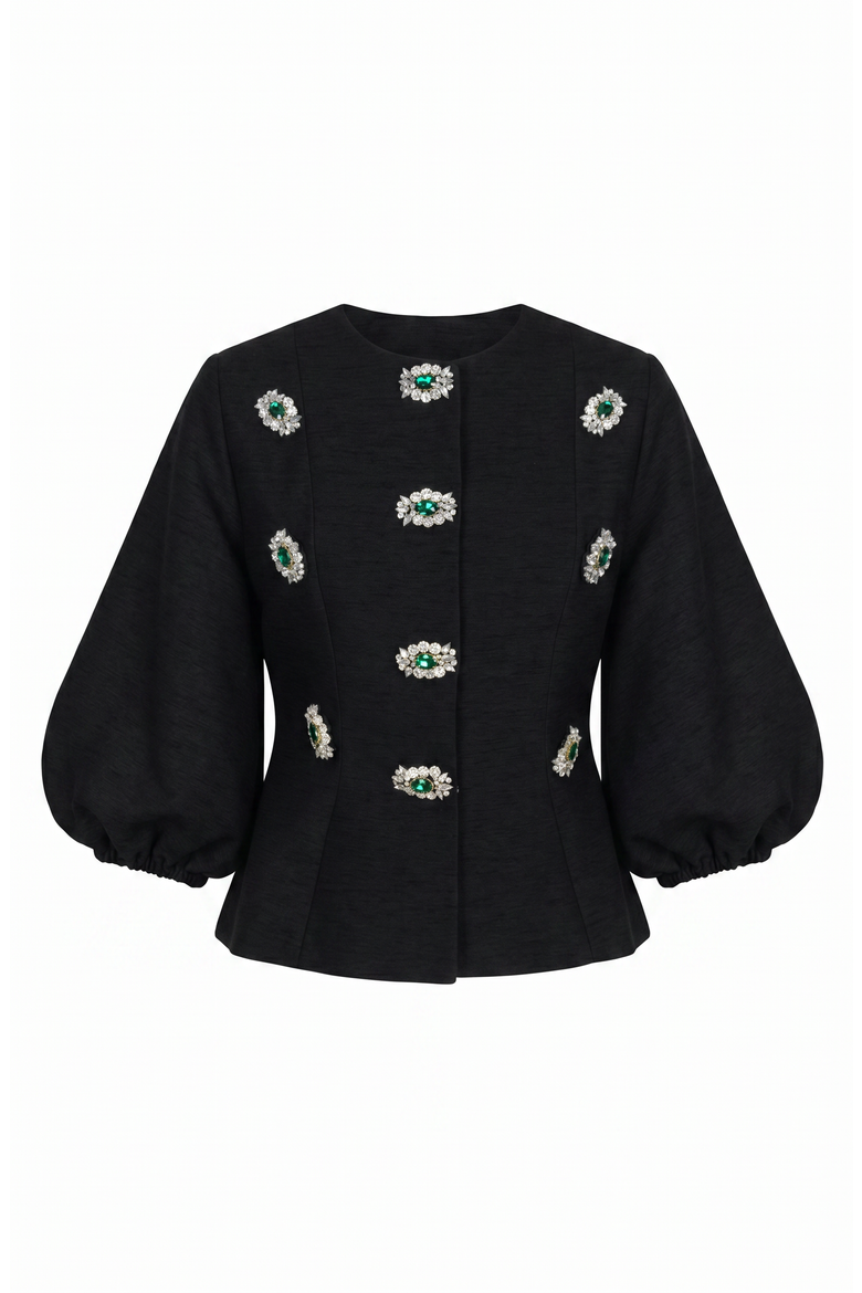 Embellished Puff Sleeve Button Jacket, Alternate, color, Black