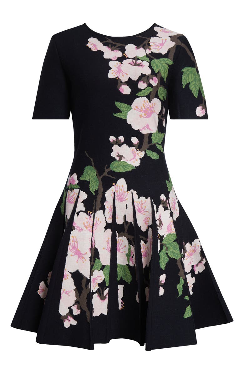 Oscar de la Renta Cherry Blossom Pleated Jacquard Knit Fit & Flare Dress, Alternate, color, Navy/ Pink