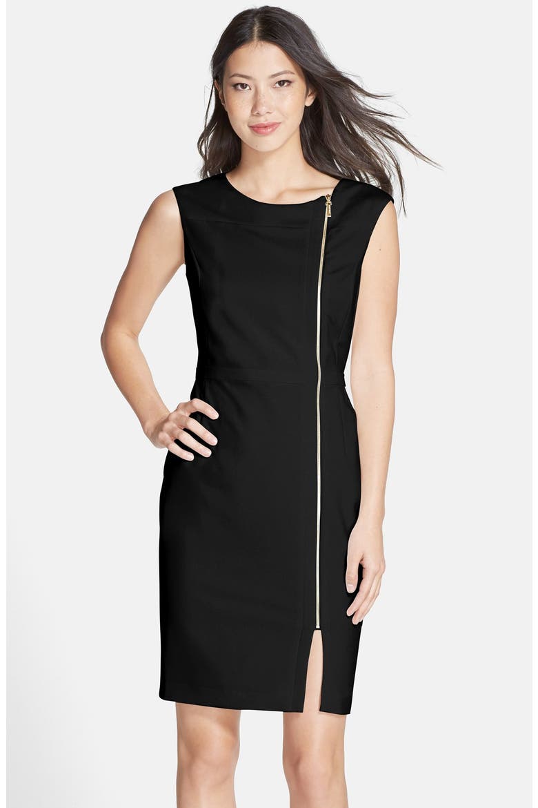 Front Zip Crepe Sheath Dress, Main, color, BLACK