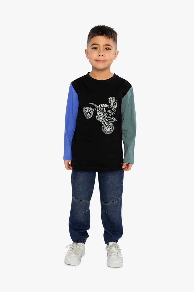 Long Sleeve Motorcycle Crew Neck Cotton T-Shirt, Alternate, color, Black, Blue and Green