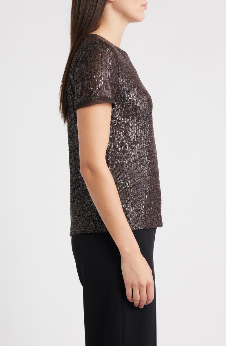 Anne Klein Short Sleeve Sequin Mesh Top, Alternate, color, Deep Mahogany